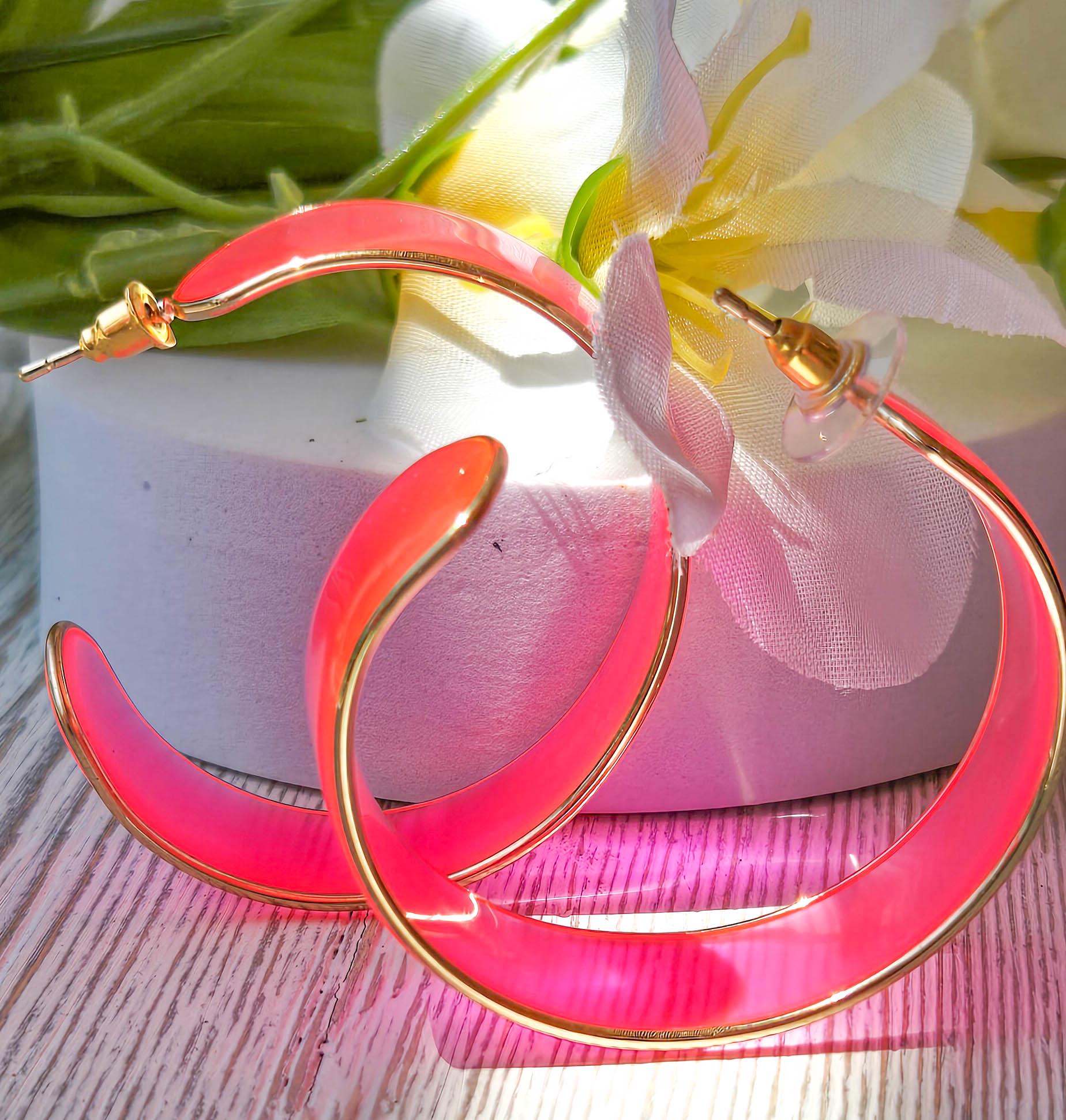 80's Fun Retro Vibes Gold Color Trim Translucent Neon Pink Boho Statement Hoop Earrings