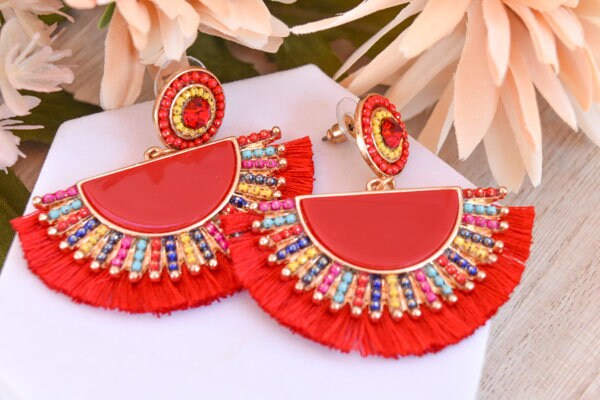 Statement Boho Red Fan Shape Beaded Tassel Dangle Earrings Women Gifts Vacation