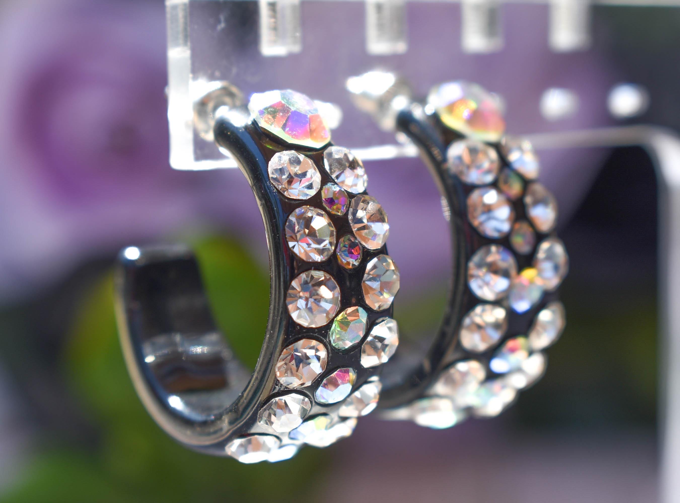 Black Bling Statement Semi Wide Clear/AB Rhinestones 1" Women's Hoop Earrings Pageant Weddings Night Out Diva Pageant