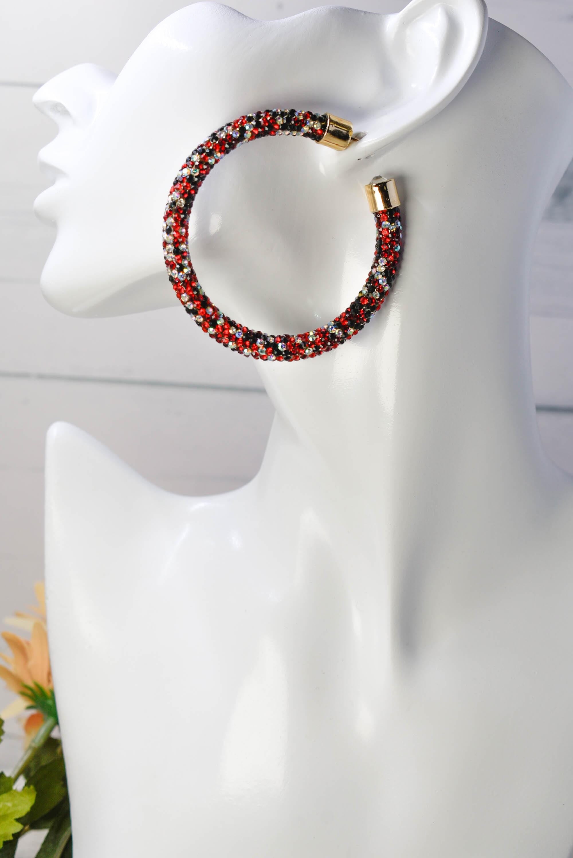 2.5" Ladies Bohemian Multi Tone Red Black Clear Rhinestone Sparkle Wrap Pave Open Hoop Earrings Stone Accent Women Party Night Out Bling