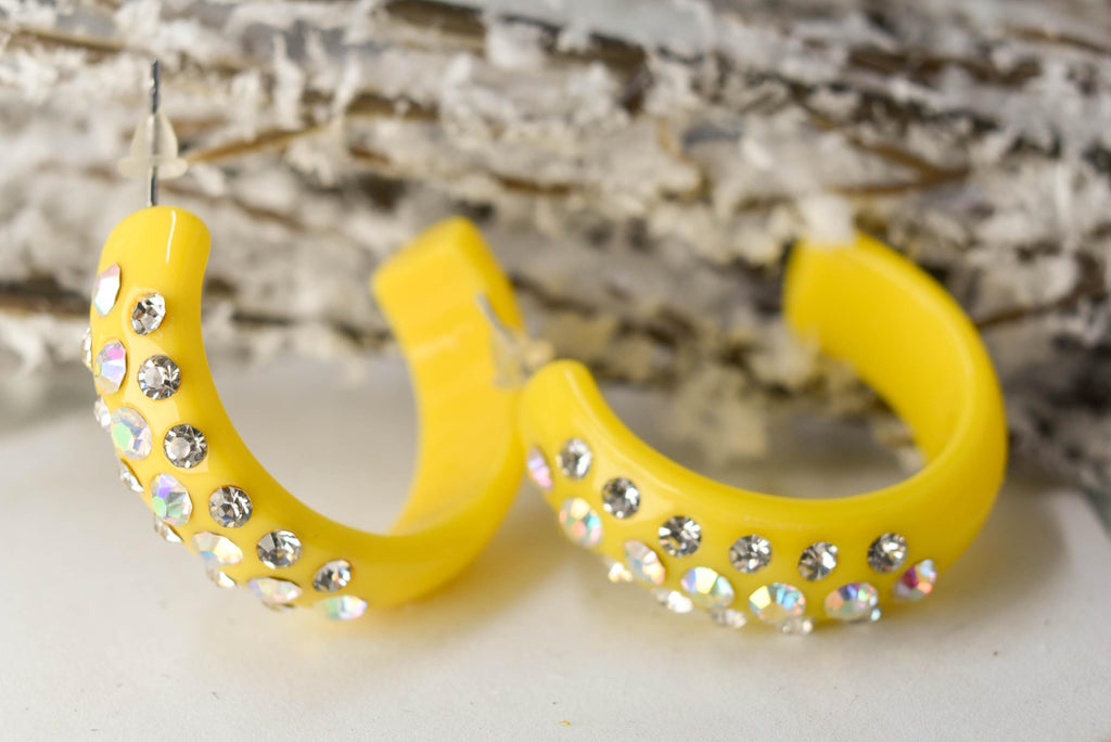 Yellow 3 Row Bling Statement Acrylic Lucite AB/Clear Rhinestones 1" Women's Hoop Earrings Pageant Weddings Night Out Diva Pageant
