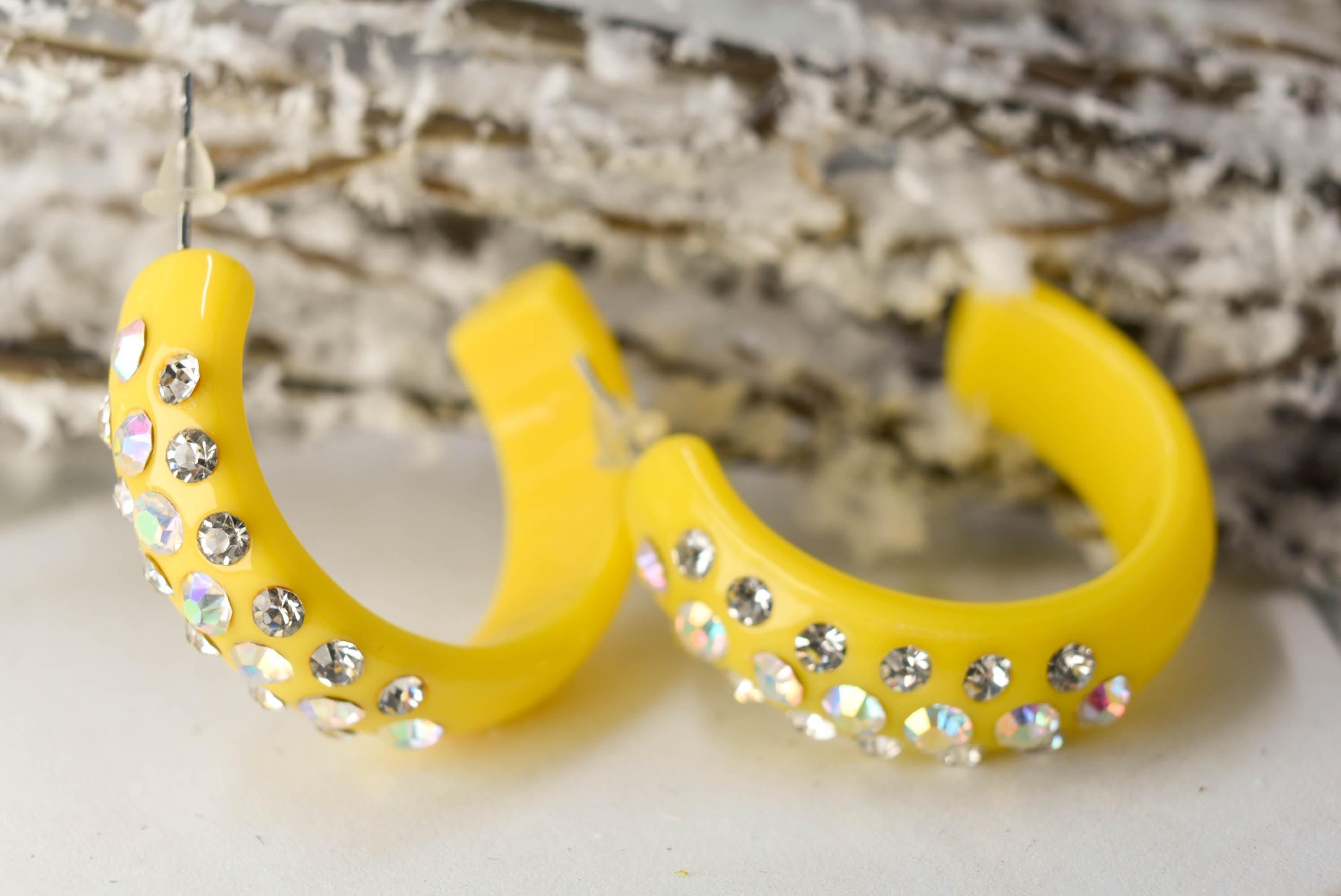 Yellow 3 Row Bling Statement Acrylic Lucite AB/Clear Rhinestones 1" Women's Hoop Earrings Pageant Weddings Night Out Diva Pageant