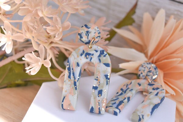 Boho Fashion Statement Handmade Polymer Clay "Brianne" Gold Flakes Dangle Earrings Gifts Women