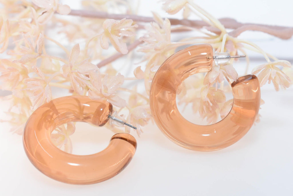 Translucent Light Amber Retro Boho Semi Chunky Lucite Jelly 1.5" Hoop Earrings