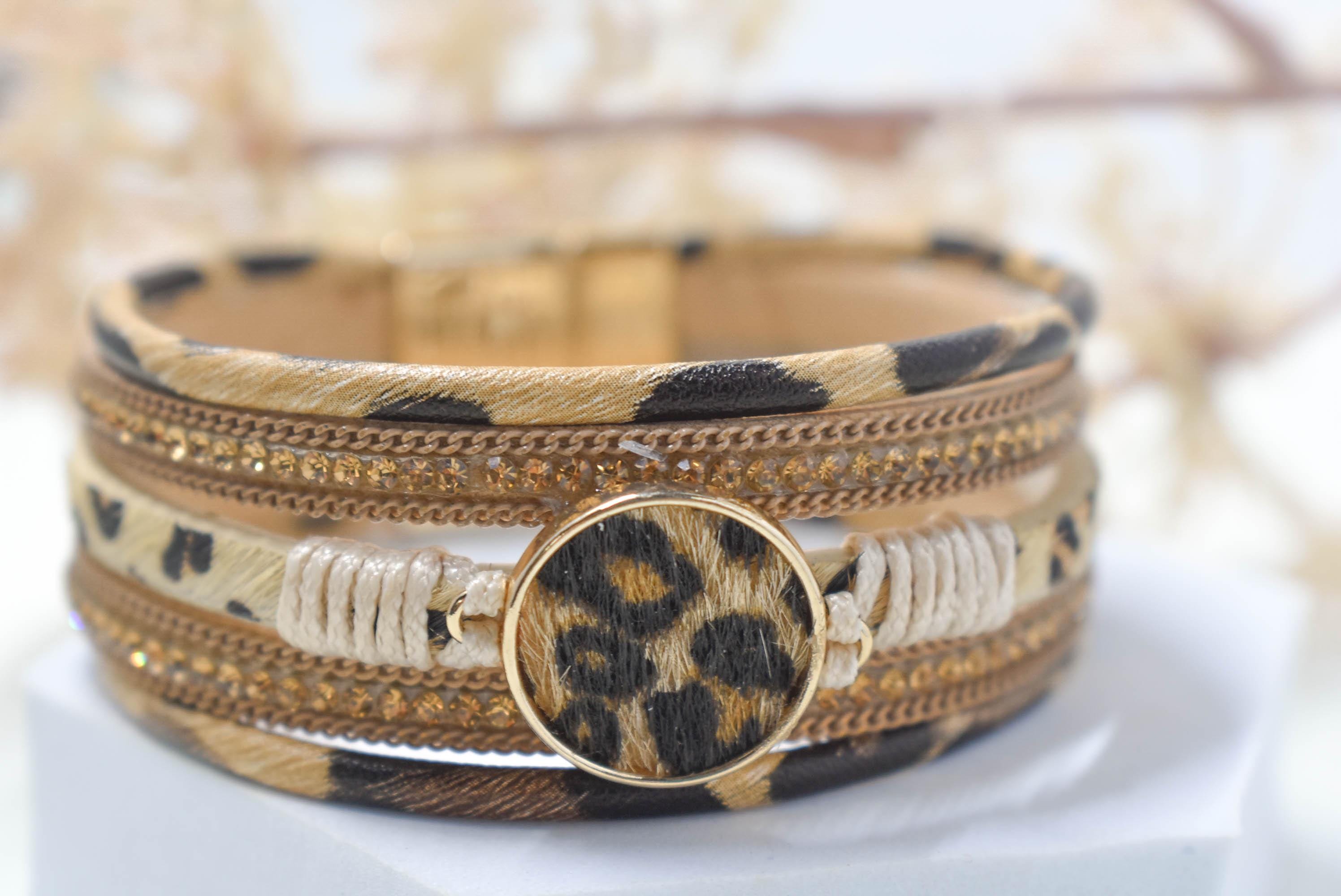 Faux Fur Cheetah Print & Rhinestone Cuff Bangle Magnetic Bracelet Statement Bling Fashion Pageant Night Out Wedding