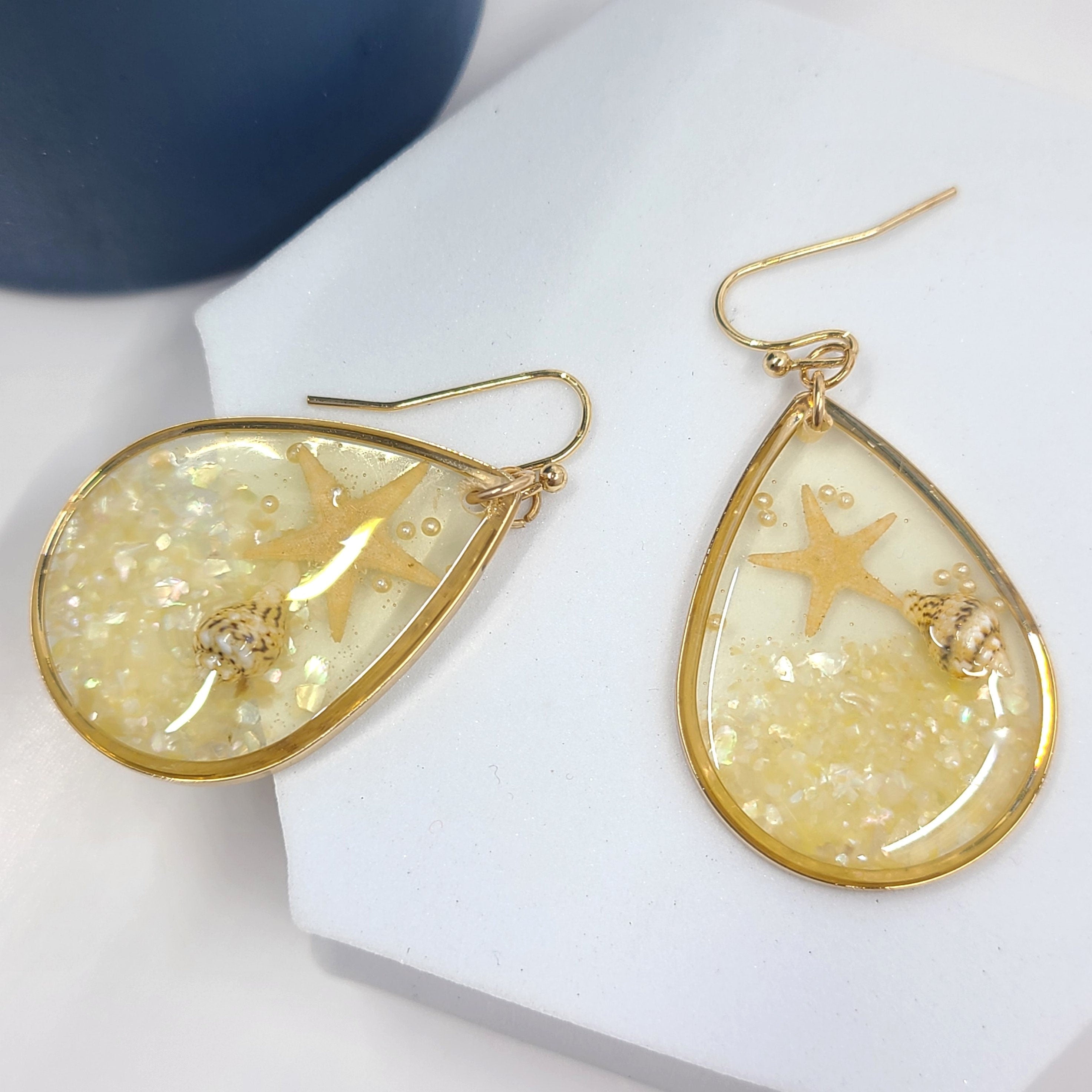 Boho Clear Beige Resin Starfish Seashell Accent Beach Theme Sealife Teardrop Dangle Earrings Women's Vacation Gifts