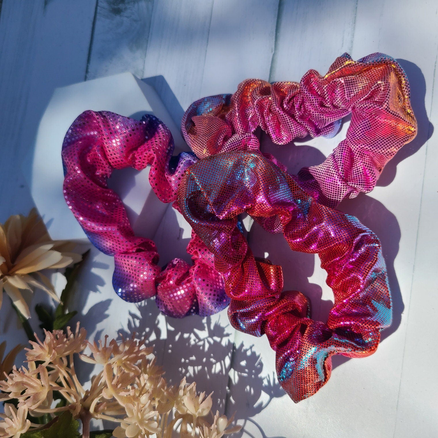 Set of 10 Retro 80's Metallic Hair Pony Tail Scrunchies for Women, Summer Hair Ties, Hair Accessories for Long Hair