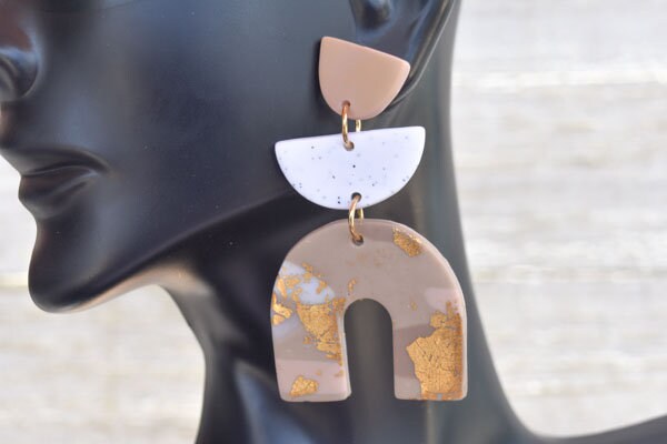 Boho Fashion Statement Handmade Polymer Clay "Bonnie Coffee" Dangle Drop Earrings Gifts Women Gold Flakes