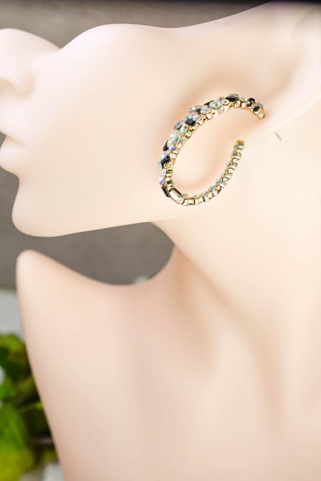 Bling Diva Semi Oblong Gold Tone AB Iridescent, Clear and Black Rhinestone Embellished Hoop Earrings Fashion Accessory Pageant Jewelry