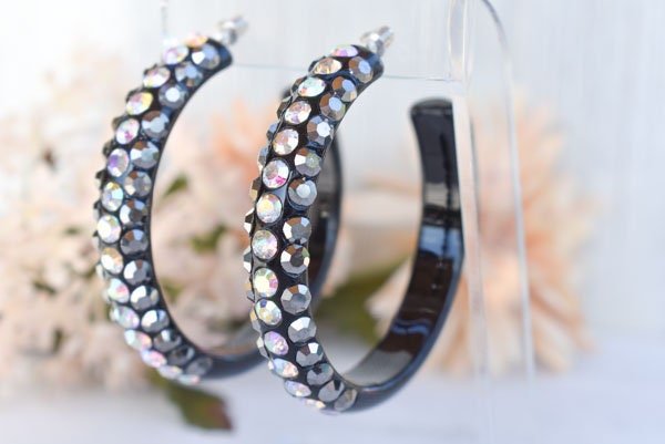 Black 3 Row Bling Statement Acrylic Lucite Hematite Gray/AB Rhinestones 2.5" Women's Hoop Earrings Pageant Weddings Night Out