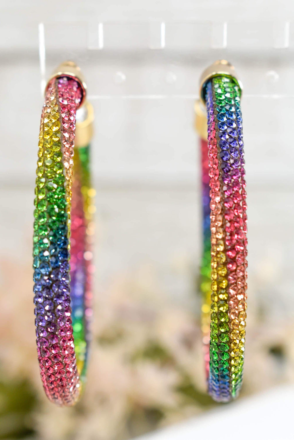 2.5" Ladies Bohemian Multicolor Rainbow Rhinestone Sparkle Wrap Pave Open Hoop Earrings Stone Accent Women Party Night Out