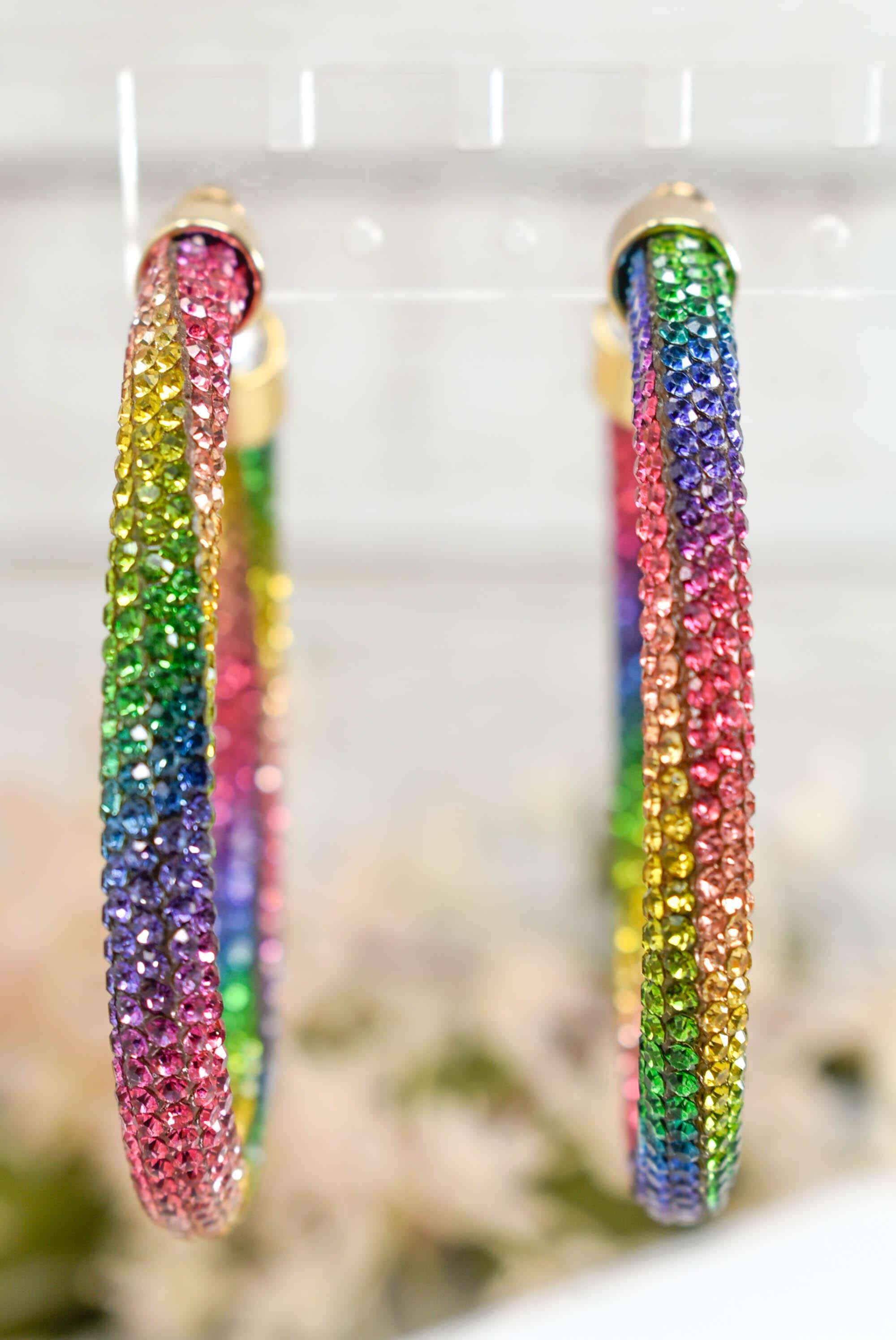 2.5" Ladies Bohemian Multicolor Rainbow Rhinestone Sparkle Wrap Pave Open Hoop Earrings Stone Accent Women Party Night Out