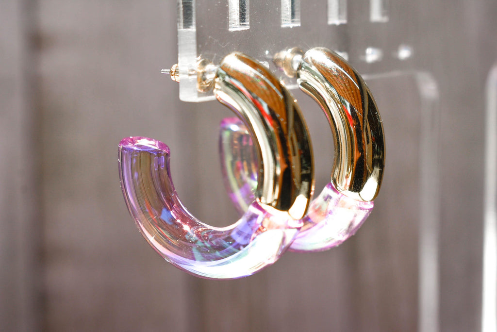 Two Toned Retro Gold Color/Iridescent Light Purple Translucent Lucite 1.5" Hoop Earrings