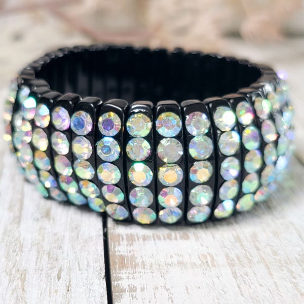 Black Stretch Segmented Bracelet with Iridescent (AB) Rhinestones Women's Fashion Statement Jewelry Pageant Night Out