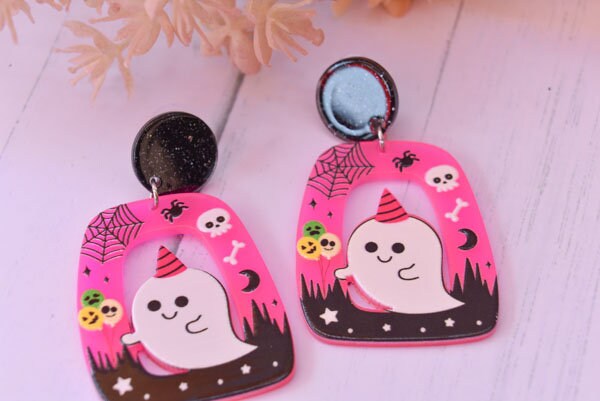 Abstract Shape Halloween Cute Ghost Glitter Acrylic Neon Pink Holiday Women Girls Dangle Earrings Emo Goth Steampunk
