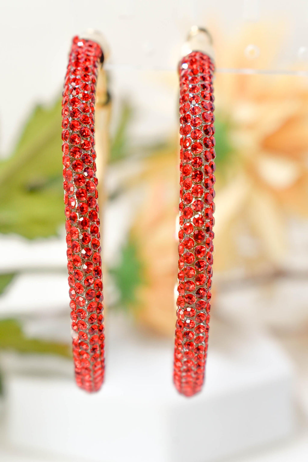 2.5" Large Red Bling Diva Pave Resin Set Rhinestone Hoop Earrings Women Party Night Out