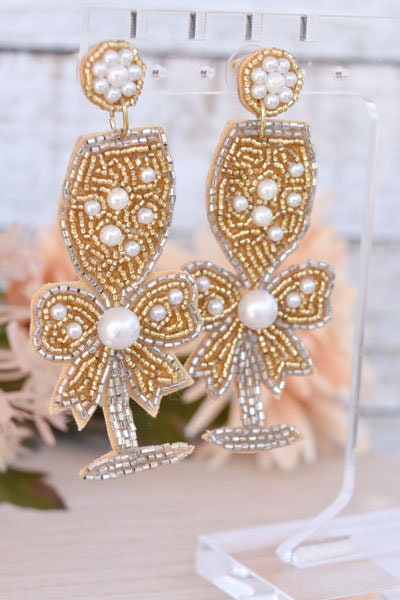 Bachelorette Bridal Shower Statement Gold Color Seed Bead Bow Accent Champagne Flute Glass Dangle Drop Earrings Women Weddings Bride