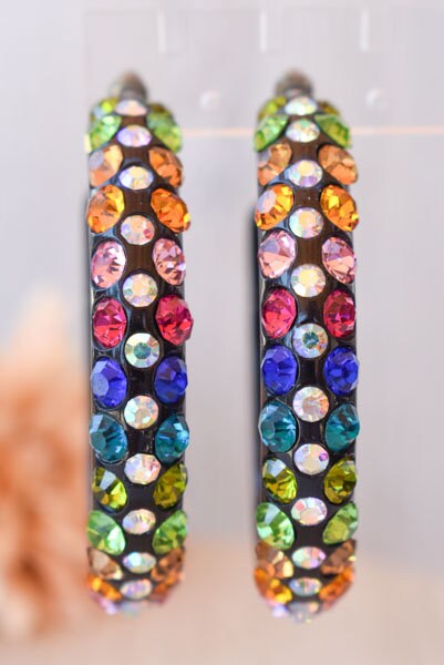 Black 3 Row Bling Statement Acrylic Lucite Multicolor Rhinestones 2.5" Women's Hoop Earrings Pageant Weddings Night Out