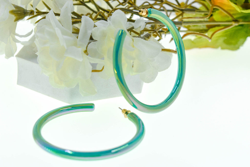 80s Iridescent Hoop Earrings: Mint Teal Groovy Statement Accessory