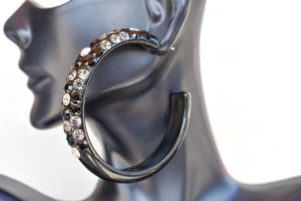 Black Diagonal Pattern Statement Acrylic Lucite Clear-Smoke-Black Rhinestones 2.5" Women's Hoop Earrings Pageant Weddings Night Out