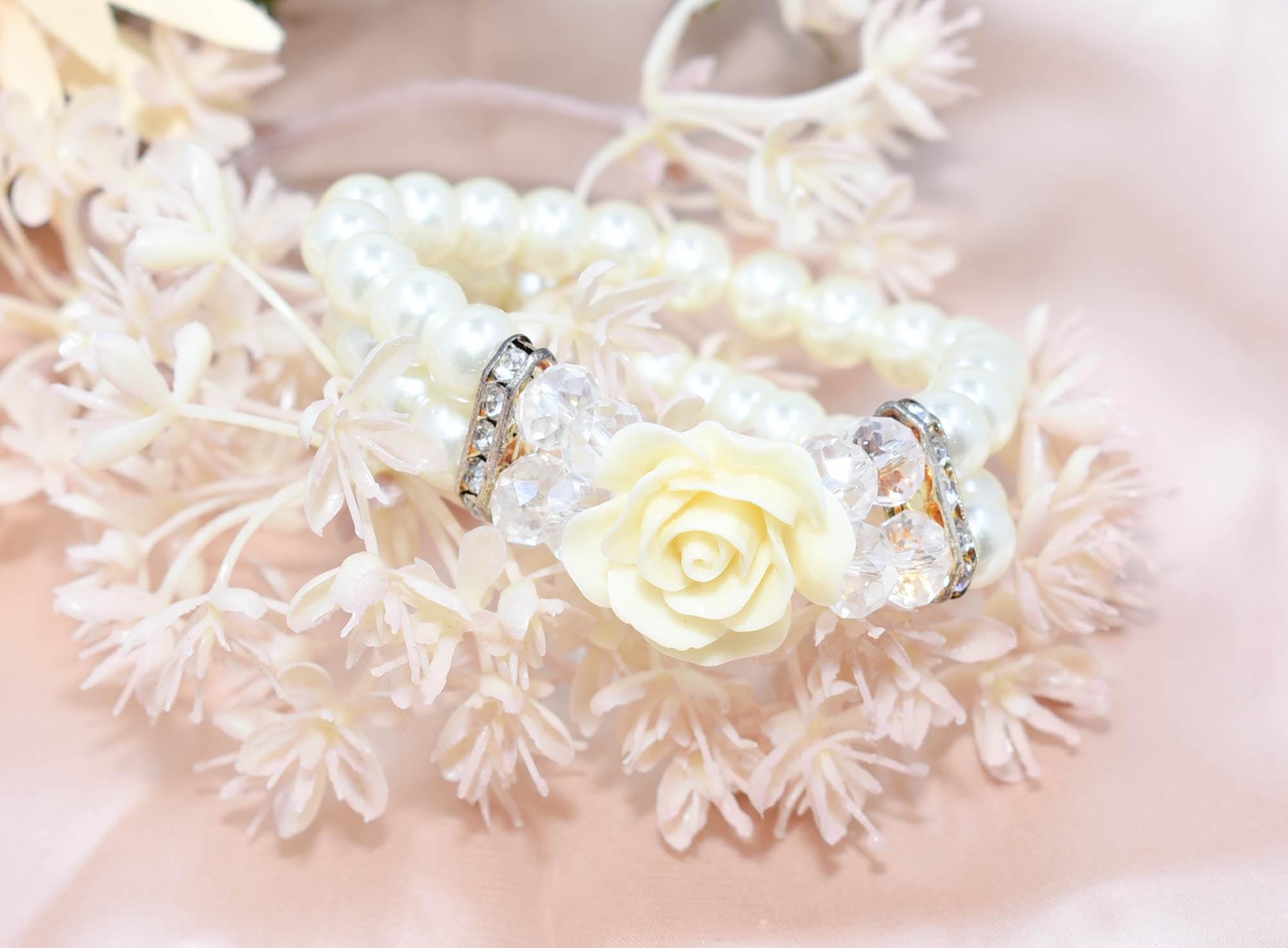 Elegant Double Strand Faux Pearl Crystal Bead Ivory Rose Charm Stretch Bracelet