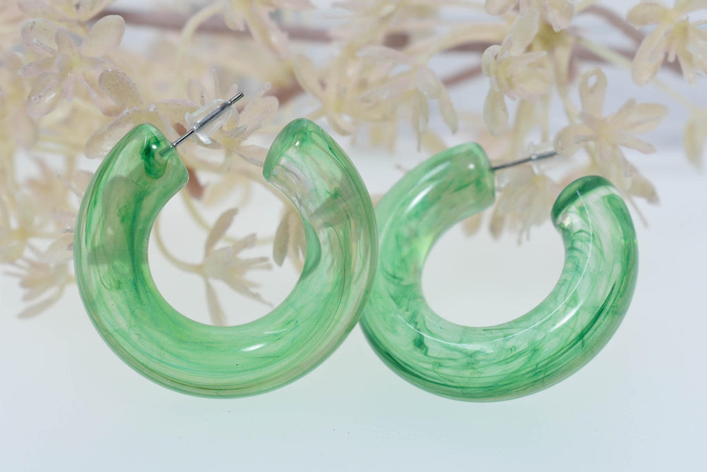 Translucent Green Marbled Color Boho Retro Lightweight Lucite 1.5" Semi Chunky Hoop Earrings