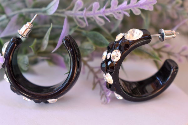 Black Bling Statement Semi Wide Lucite Black/Clear Diagonal Rhinestones 1" Women's Hoop Earrings Pageant Weddings Night Out Diva Pageant