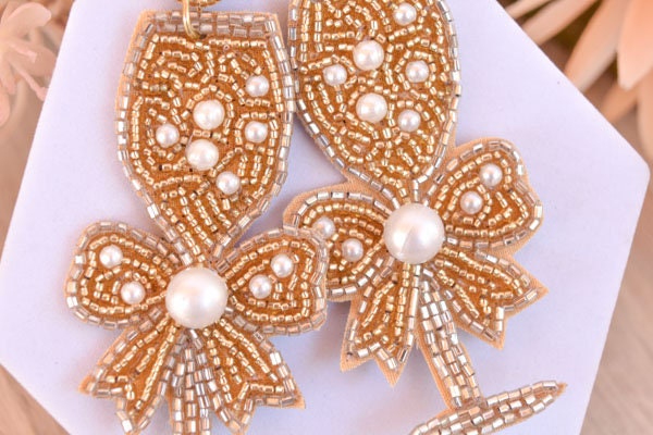 Bachelorette Bridal Shower Statement Gold Color Seed Bead Bow Accent Champagne Flute Glass Dangle Drop Earrings Women Weddings Bride