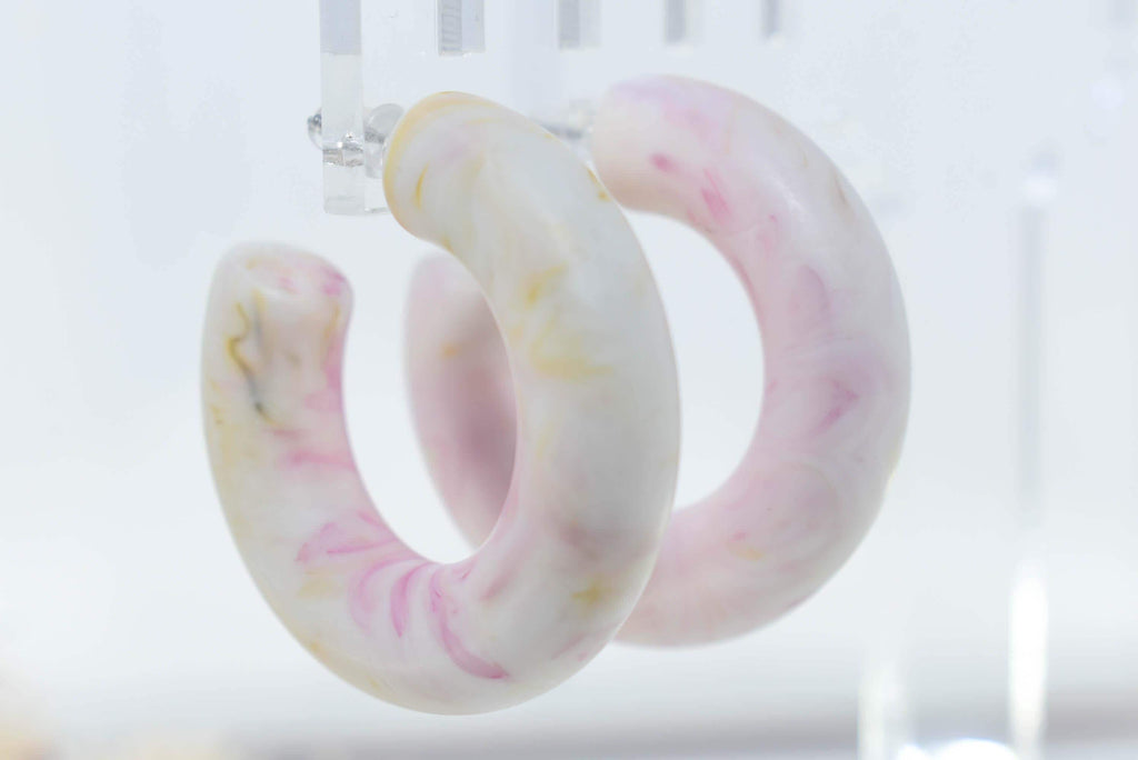 White Marbled Color Bohemian Retro Lightweight Lucite 1.5" Semi Chunky Hoop Earrings Womans Gift Dress Night Out