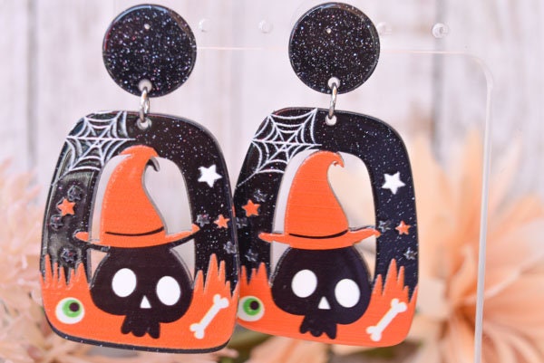 Abstract Shape Halloween Cute Skull Witch Hat Glitter Acrylic Holiday Women Girls Dangle Earrings Emo Goth Steampunk