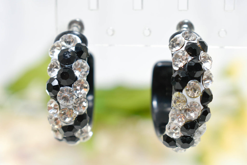 Black Bling Statement Acrylic Lucite Clear/Black Rhinestones 1.25" Women's Hoop Earrings with White Paint Accent Pageant Weddings Night Out