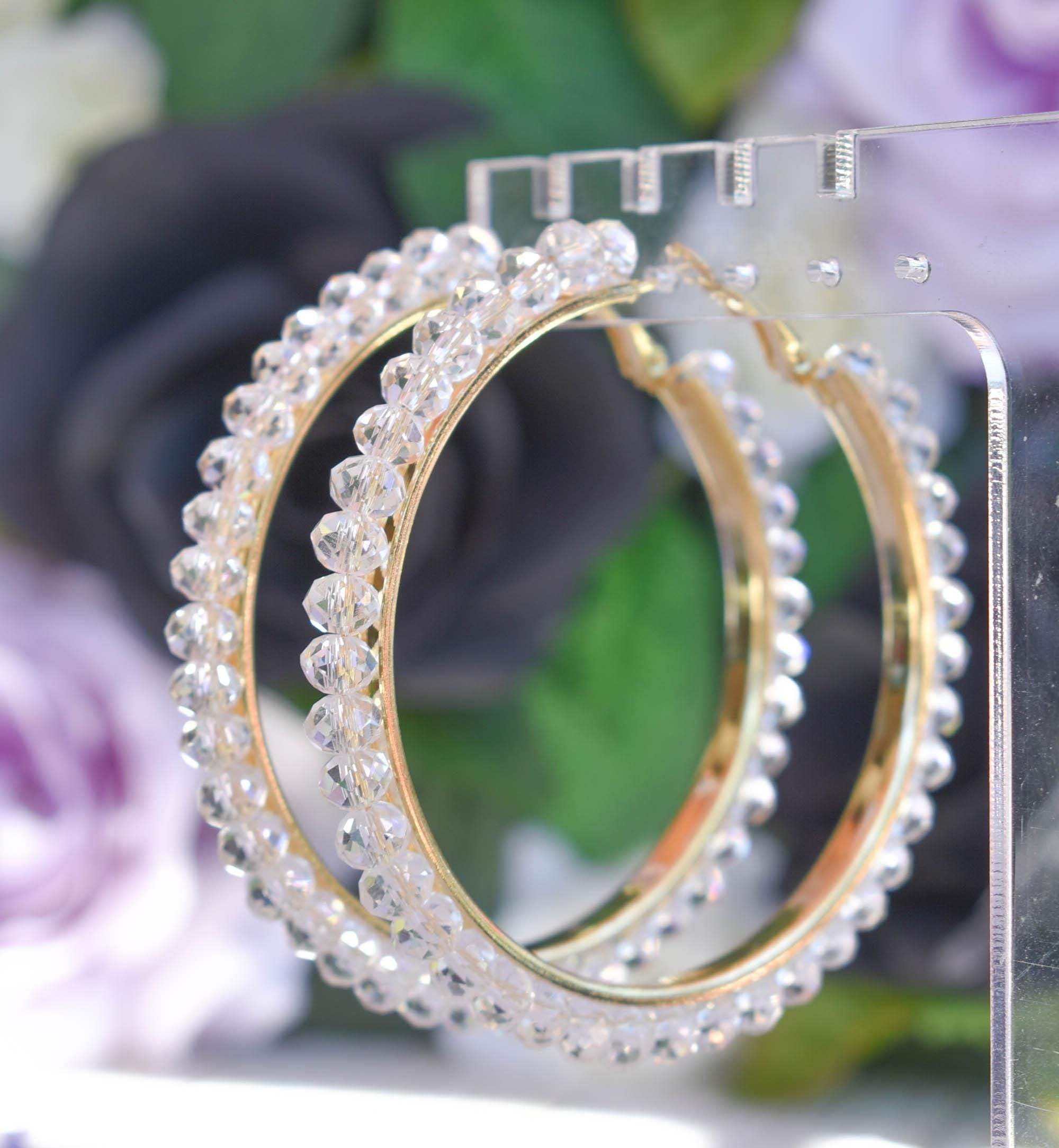 Statement Boho Clear Crystal Glass Beads 2.75" Gold Tone Hoop Earrings Stylish Jewelry Women's Fashion Diva Accessories Pageants