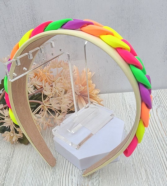 Colorful Retro 80's Vibe Satin Wide Headband with Neon Matte Chunky Chain Link Accent Costume Boho Hair Accessory Women Girls