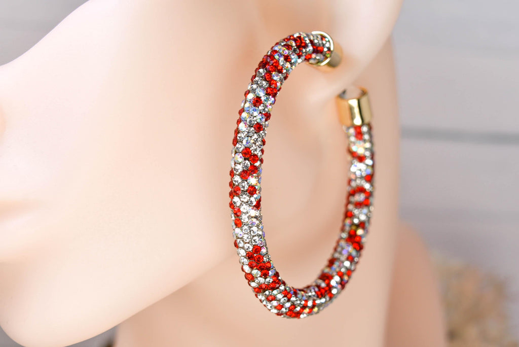 2.5" Ladies Bohemian Multi Tone Red  Clear Rhinestone Sparkle Wrap Pave Open Hoop Earrings Stone Accent Women Party Night Out Bling