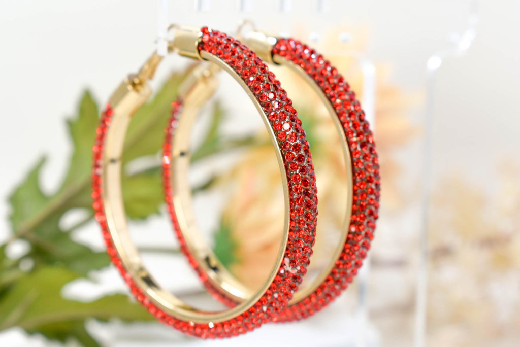2.5" Large Red Bling Diva Pave Resin Set Rhinestone Hoop Earrings Women Party Night Out