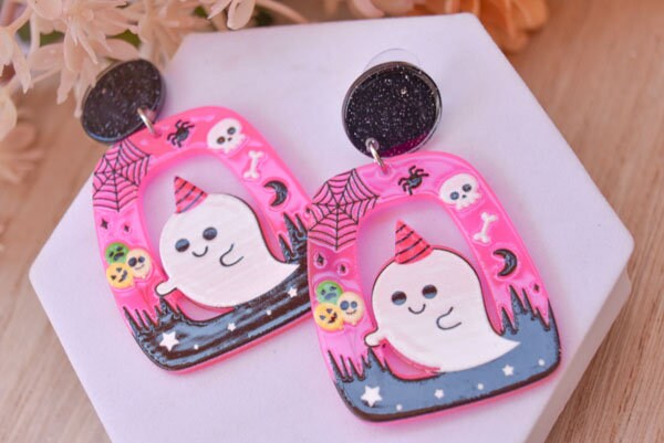 Abstract Shape Halloween Cute Ghost Glitter Acrylic Neon Pink Holiday Women Girls Dangle Earrings Emo Goth Steampunk