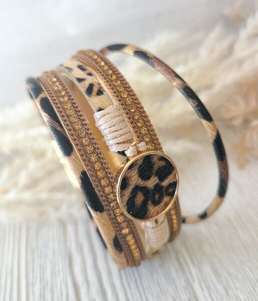 Faux Fur Cheetah Print & Rhinestone Cuff Bangle Magnetic Bracelet Statement Bling Fashion Pageant Night Out Wedding
