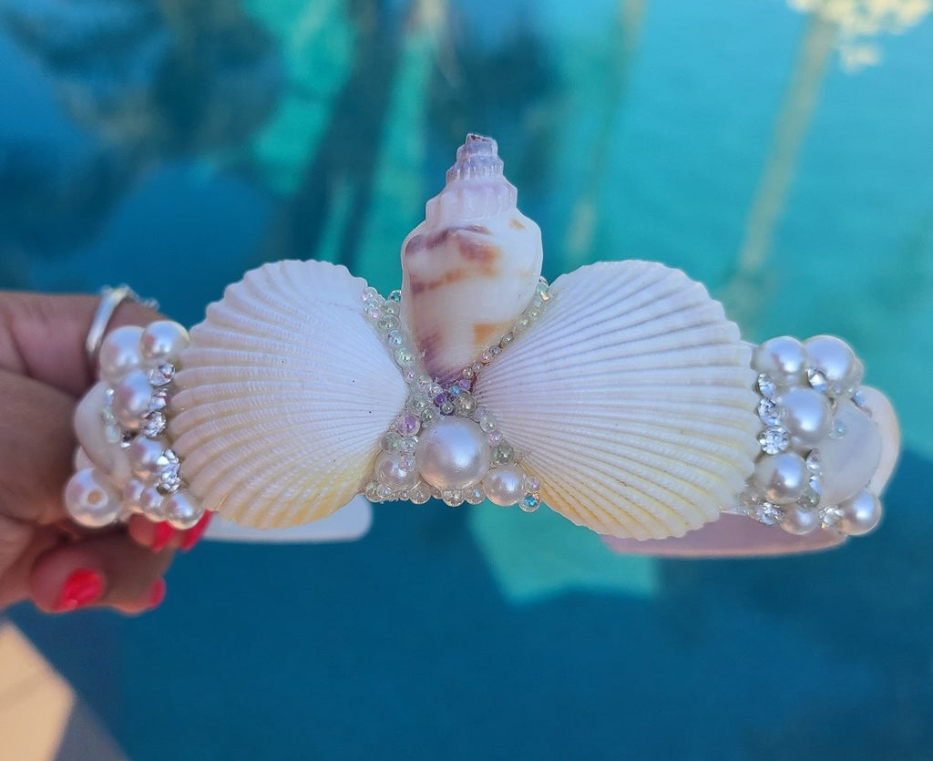 Handmade Seashell Bridal Headband: Pearl & Rhinestone Boho Wedding