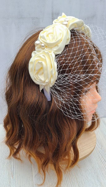 Ivory Satin Rose Bridal Headband: Wedding Veil Fascinator