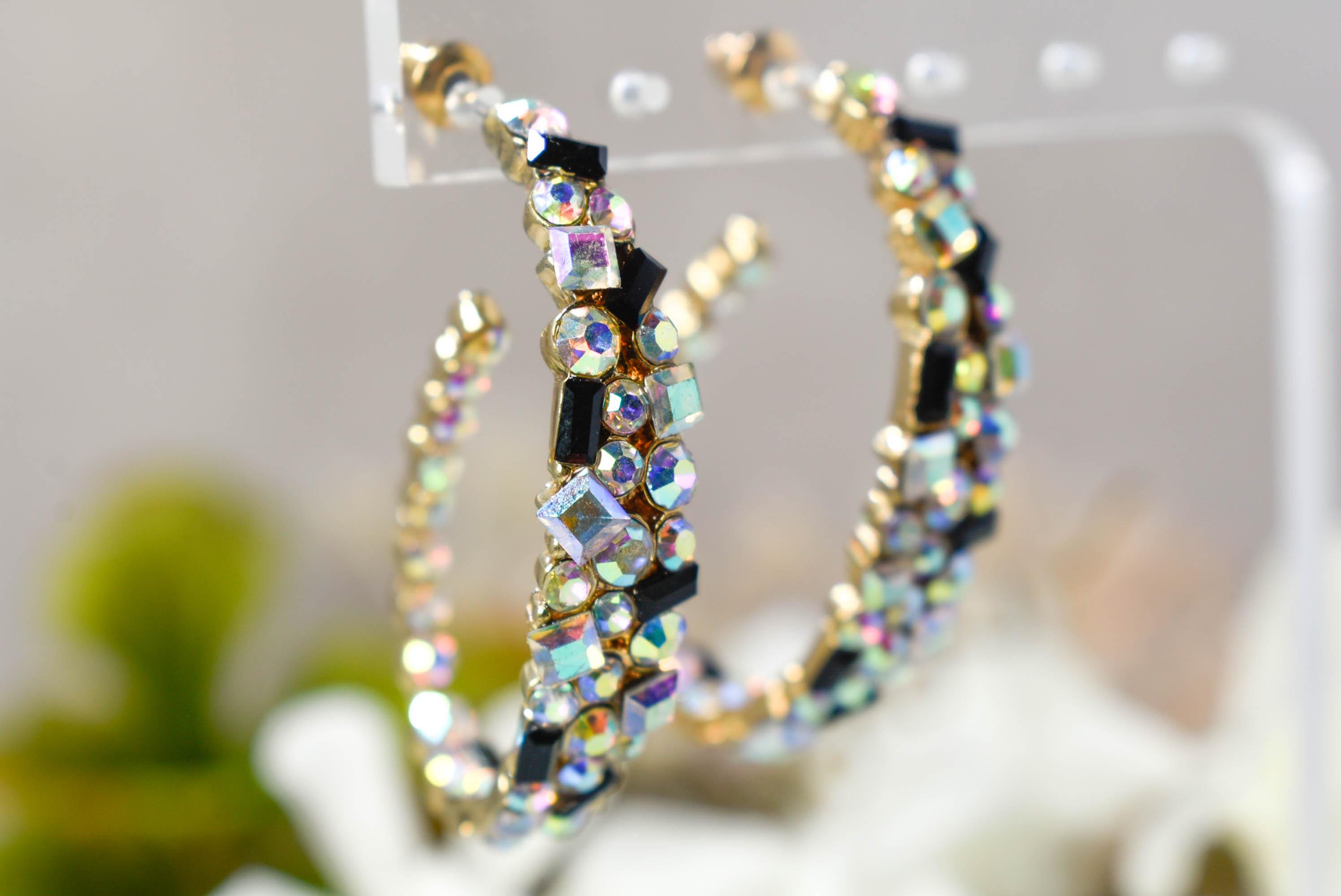 Bling Diva Semi Oblong Gold Tone AB Iridescent, Clear and Black Rhinestone Embellished Hoop Earrings Fashion Accessory Pageant Jewelry