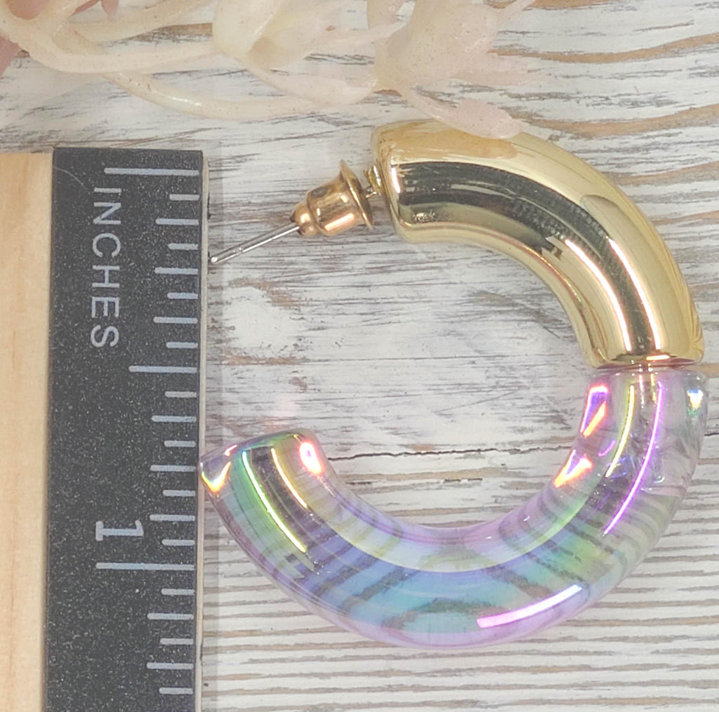 Two Toned Retro Gold Color/Iridescent Light Purple Translucent Lucite 1.5" Hoop Earrings