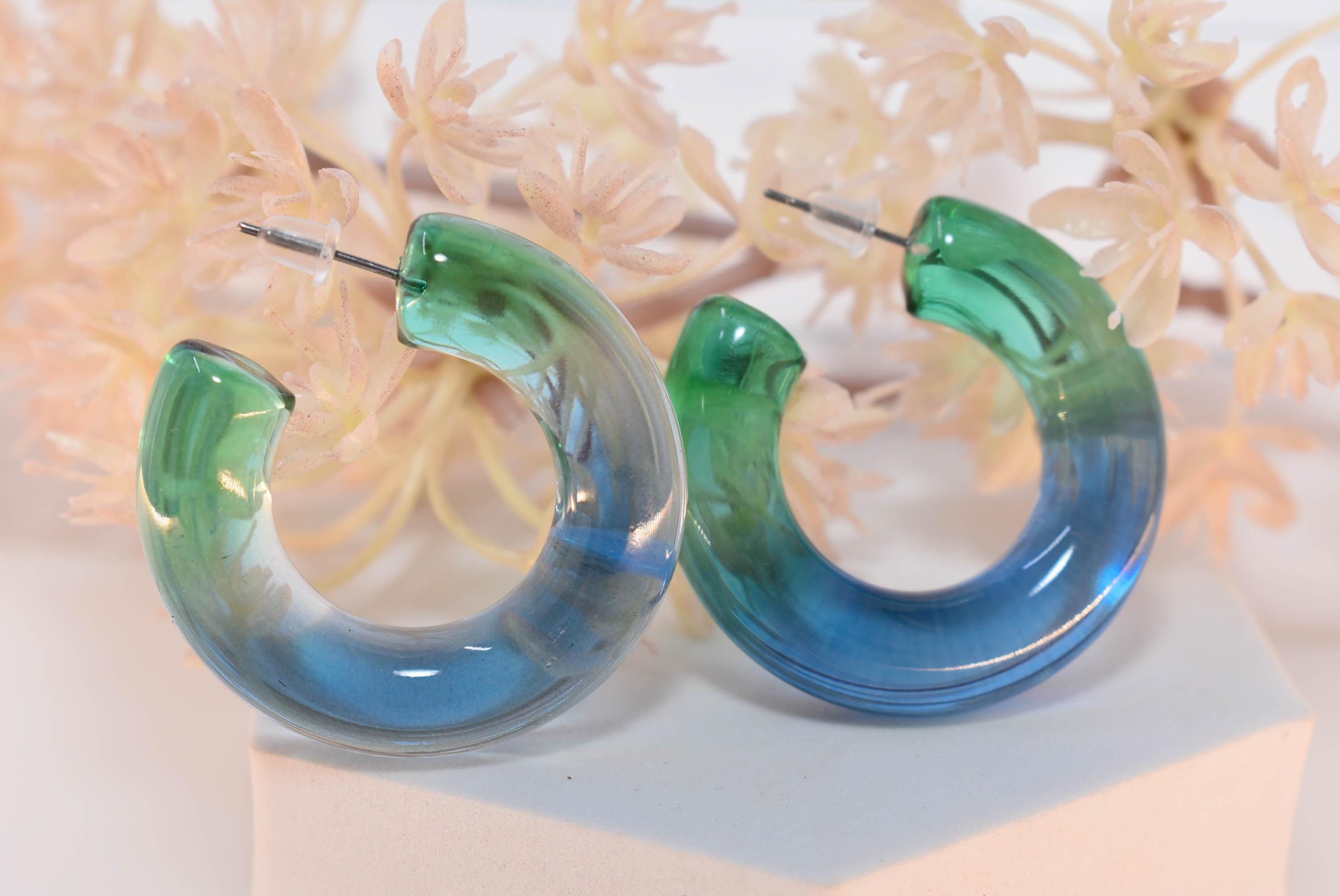 Translucent Gradient Teal Blue Retro Boho Semi Chunky Lucite Ombre Jelly 1.5" Hoop Earrings