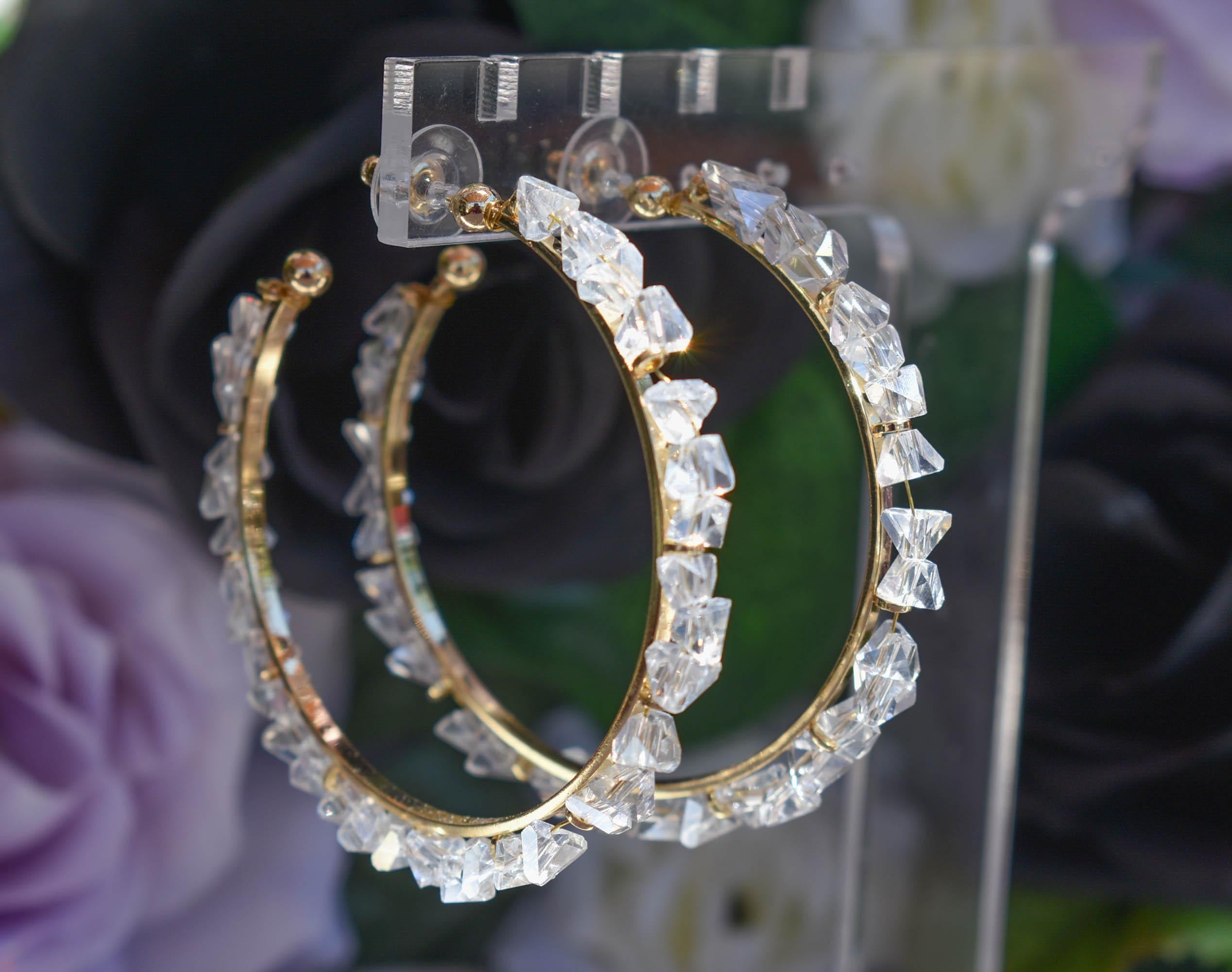 Statement Boho Clear Glass Pyramid Cut Beads 2.5" Gold Tone Hoop Earrings Stylish Jewelry Women's Fashion Diva Accessories