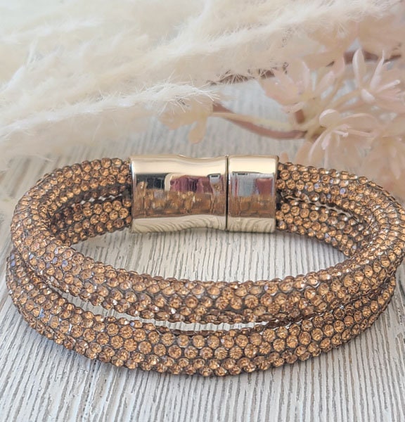 Topaz Gold Color Pave Rhinestones Flexible Cuff Bangle Magnetic Bracelet Statement Bling Fashion Pageant Night Out Wedding