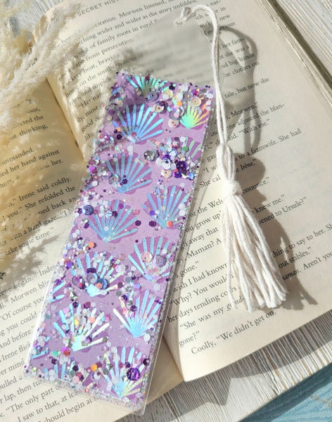 Sea Shell Print Mermaid Sea Theme Glow In The Dark Glitter & Sequin Shaker Bookmark Book Lovers Stocking Stuffer Gifts Kids