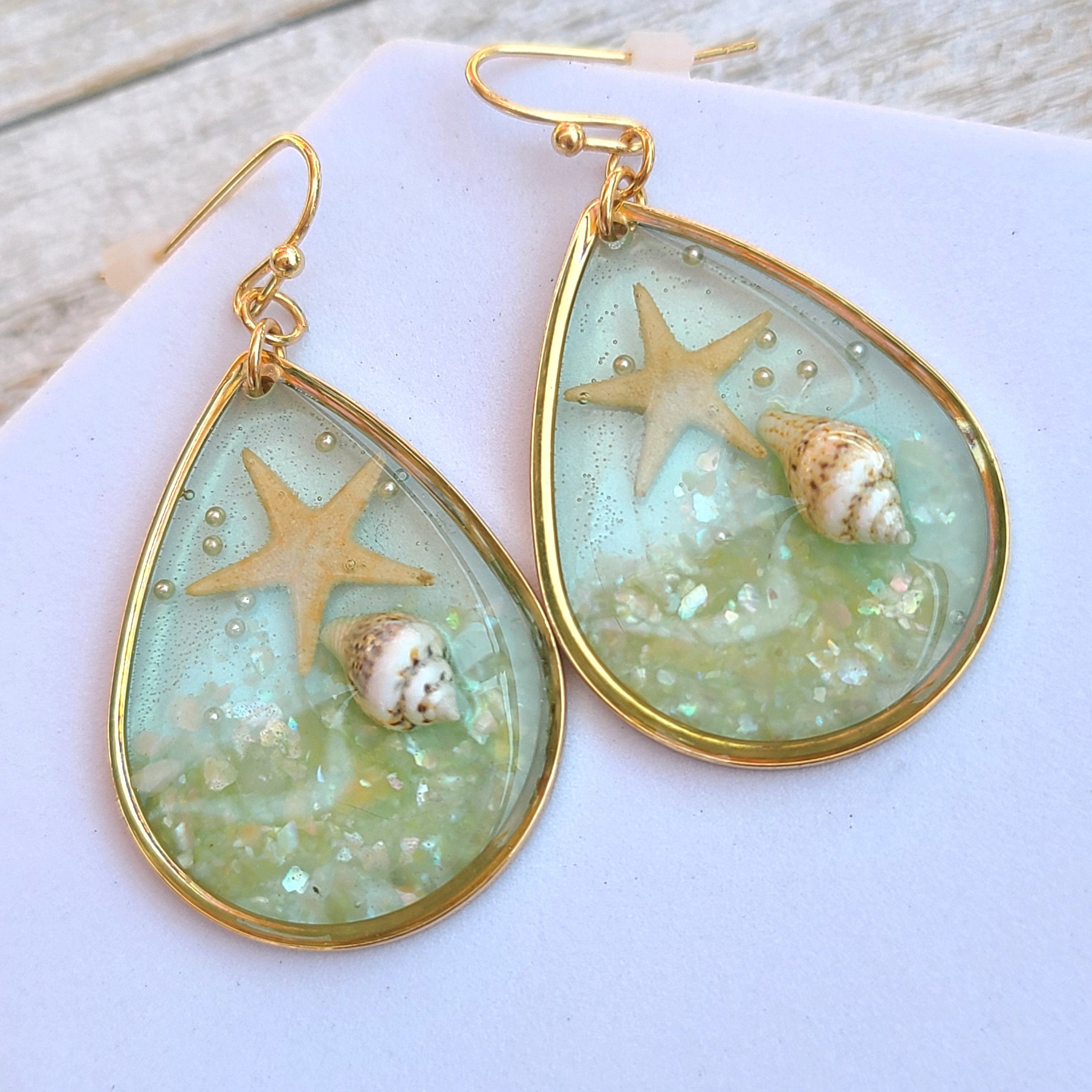 Boho Clear Mint Resin Starfish Seashell Accent Beach Theme Sealife Teardrop Dangle Earrings Women's Vacation Gifts