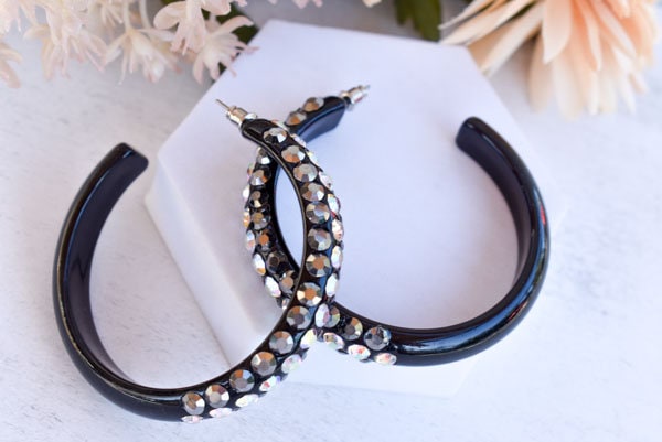 Black 3 Row Bling Statement Acrylic Lucite Hematite Gray/AB Rhinestones 2.5" Women's Hoop Earrings Pageant Weddings Night Out