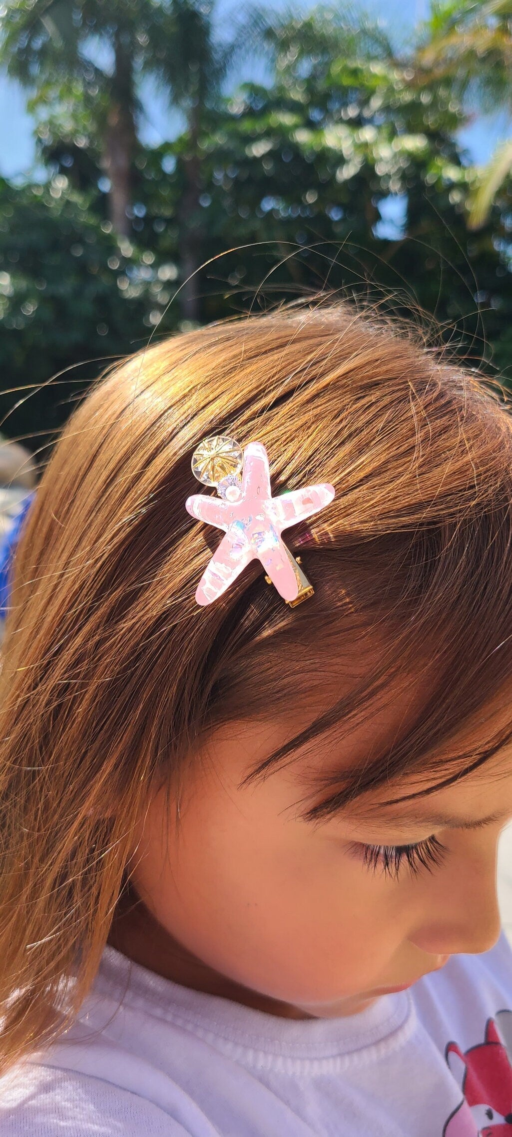Small Pink Iridescent Flakes Resin Starfish & Rhinestone Gold Color Metal Girls Women Cute Barrette Hair Clip Hair Accessory