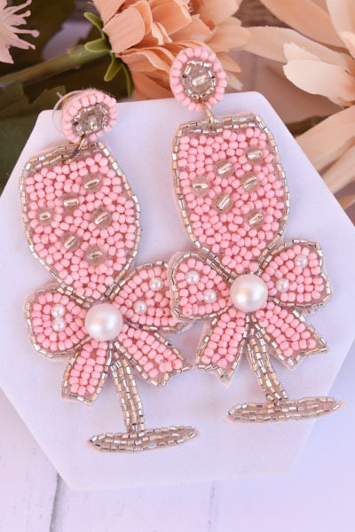 Bachelorette Bridal Shower Statement Pink Seed Bead Bow Accent Champagne Flute Glass Dangle Drop Earrings Women Weddings Bride