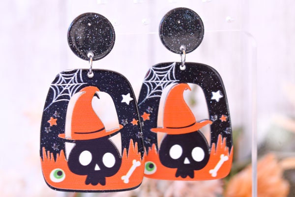 Abstract Shape Halloween Cute Skull Witch Hat Glitter Acrylic Holiday Women Girls Dangle Earrings Emo Goth Steampunk